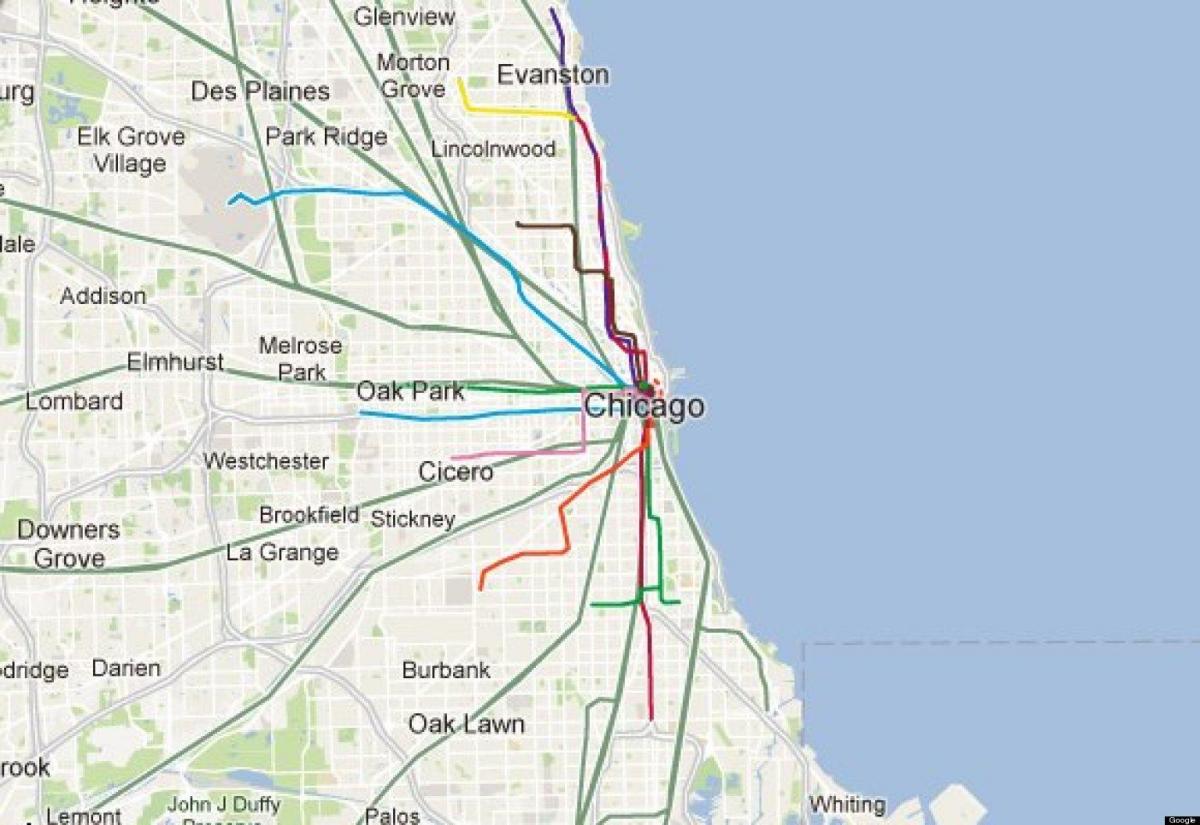 Čikāgas zilās līnijas vilcienu karte