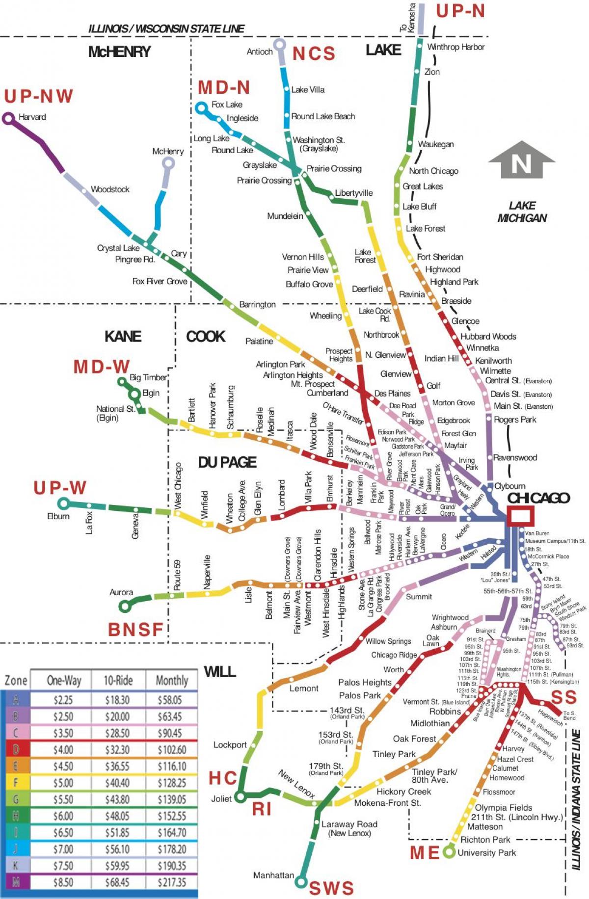 Čikāgas jomā vilcienu karte